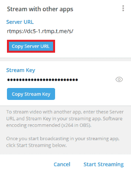 Spustelėkite Kopijuoti serverio URL. Kaip pradėti tiesiogiai per telegramą