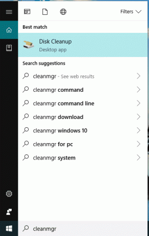 Busque cleanmgr usando el cuadro de búsqueda y la limpieza del disco aparecerá en la parte superior de la búsqueda