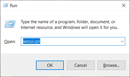 დააჭირეთ Windows + R, შემდეგ ჩაწერეთ wscui.cpl და დააჭირეთ Enter