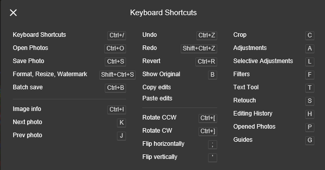 В Pixlr также есть обширный список сочетаний клавиш.