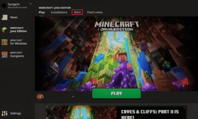 faceți clic pe fila Skins în lansatorul Minecraft. Remediați Minecraft nu a reușit să vă autentificați conexiunea în Windows 10