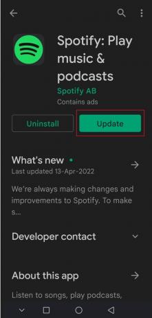 Android पर Spotify Google Play Store में अपडेट विकल्प पर टैप करें