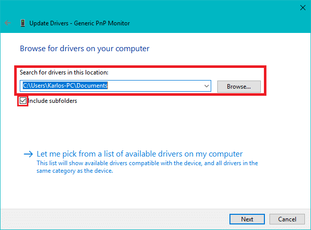 Haga clic en el botón Examinar y luego marque la casilla Incluir subcarpetas | Cómo actualizar los controladores de dispositivo en Windows 10