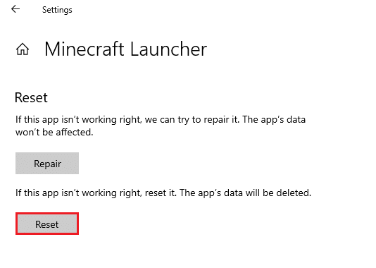Minecraft Launcher를 재설정하면 앱 데이터가 삭제됩니다.