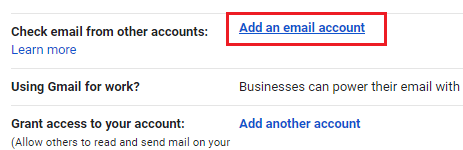 Bloke „Tikrinti el. laiškus iš kitos paskyros“ spustelėkite „Pridėti el. pašto paskyrą“