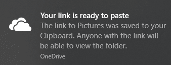 고유한 링크가 생성되었다는 알림이 표시됩니다. | Windows 10에서 Microsoft OneDrive 시작하기