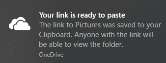 Aparecerá una notificación de que se ha creado un enlace único | Introducción a Microsoft OneDrive en Windows 10