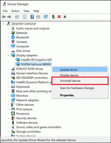 ड्राइवर पर राइट-क्लिक करें और अनइंस्टॉल डिवाइस चुनें।