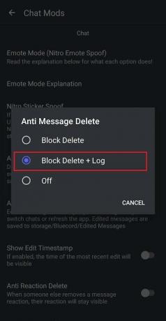 Selectați butonul radio Block Delete + Log din fereastra pop-up
