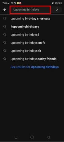 upišite 'Nadolazeći rođendani' da vidite popis svih nadolazećih rođendana vaših prijatelja. | Kako pronaći rođendane na Facebook aplikaciji?