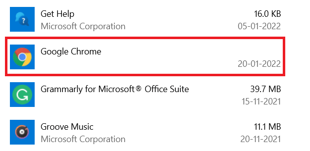 Desplácese hacia abajo y seleccione Google Chrome | RESULT_CODE_HUNG