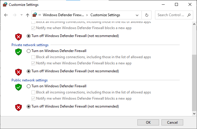 επιλέξτε τα πλαίσια απενεργοποιήστε το Windows Defender Firewall δεν συνιστάται 