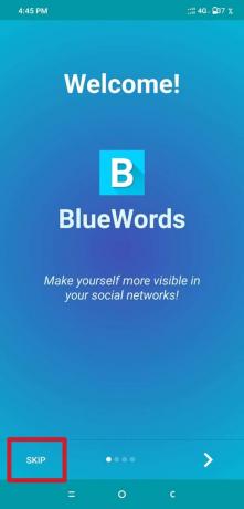 'Blue Words' 앱을 점심 식사하고 건너뛰기 옵션을 탭합니다.
