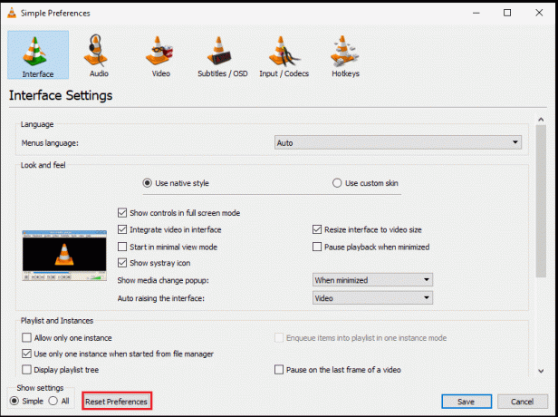დააწკაპუნეთ პრეფერენციების გადატვირთვის ღილაკზე. როგორ გავასწოროთ VLC სუბტიტრები, რომლებიც არ მუშაობს Windows 10-ში