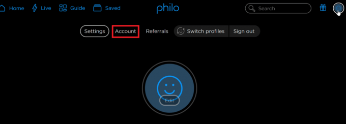 Klicken Sie auf der Philo-Webseite auf das Konto. So kündigen Sie Philo auf dem Amazon Fire Stick