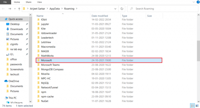 deschideți folderul Microsoft în folderul appdata. Remediați eroarea de permisiune a fișierului Word în Windows 10