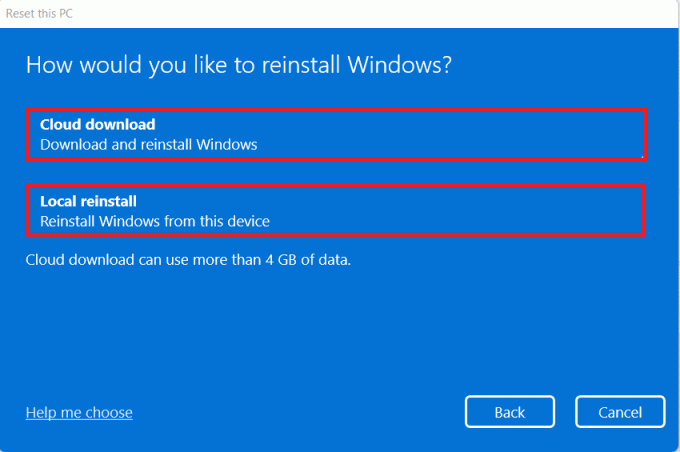 escolha o download da nuvem ou as opções de reinstalação local para reinstalar o Windows ao redefinir o Windows do PC. como reparar o Windows 11