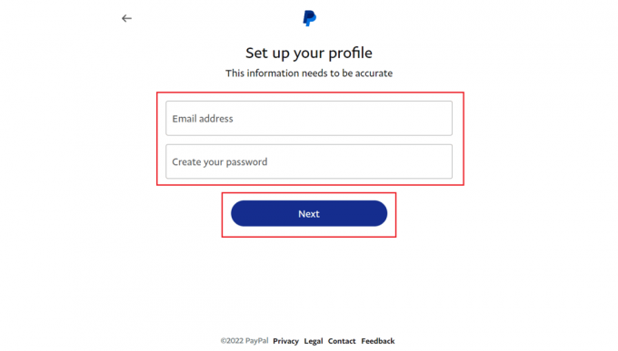 Unesite svoju e-poštu i željenu lozinku i kliknite Dalje | Kako provjeriti prijavu na PayPal