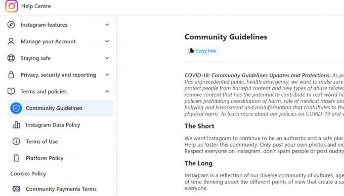 directives de la communauté d'Instagram
