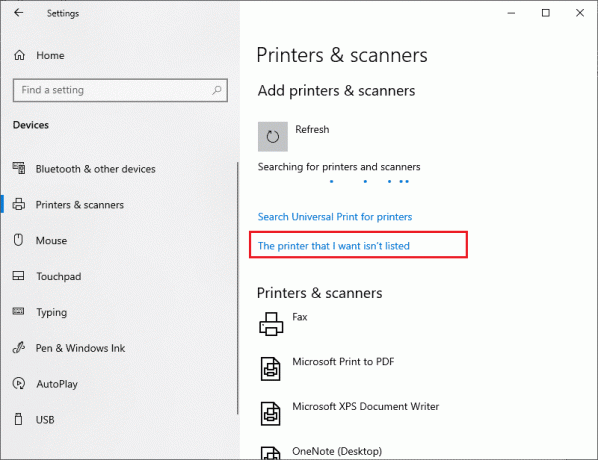 щракнете върху хипервръзката Принтерът, който искам, не е в списъка. Коригиране на грешка при печат в Windows 10