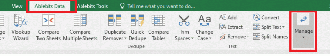 vaya a la pestaña 'Datos de Ablebits' y haga clic en 'Administrar'. | intercambiar columnas o filas en Excel
