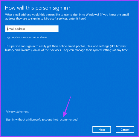 Conectați-vă fără opțiunea unui cont Microsoft (nu este recomandat) pentru a crea un cont nou 