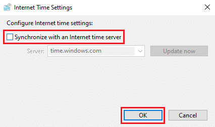 Deseleziona l'opzione Sincronizza con un server dell'ora Internet fai clic su OK