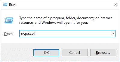 หลังจากป้อนคำสั่งต่อไปนี้ในกล่องข้อความเรียกใช้: ncpa.cpl ให้คลิกปุ่มตกลง