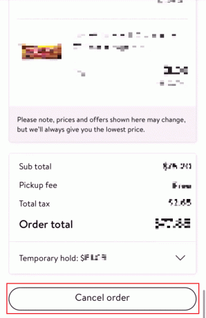Плъзнете надолу до дъното и докоснете Отмяна на поръчка | какво се случва, ако не отидете да вземете поръчка от Walmart
