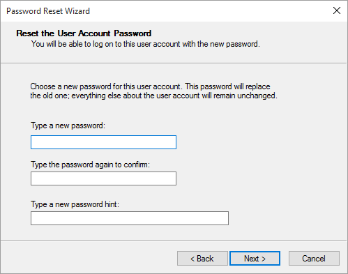 Indtast den nye adgangskode og tilføj et tip, og klik derefter på Næste | Sådan opretter du en disk til nulstilling af adgangskode i Windows 10