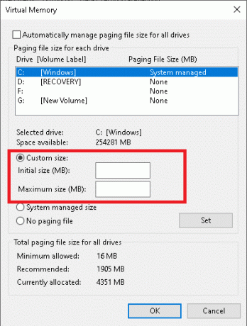 Натисніть перемикач «Спеціальний розмір» і введіть початковий розмір МБ і максимальний розмір МБ. Виправити пошук у меню «Пуск» у Windows 10, який не працює