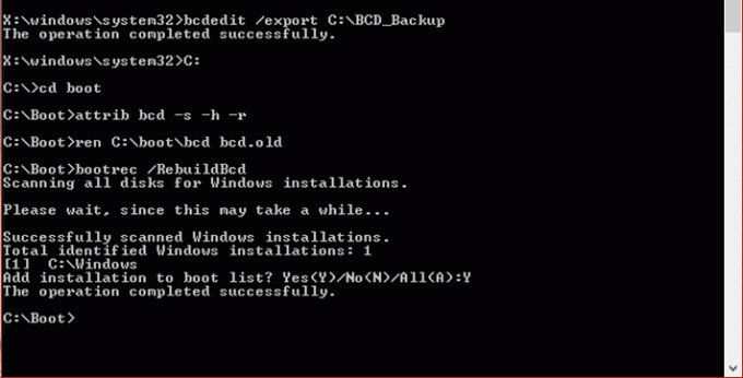 bcdedit архивиране, след което възстановете bcd bootrec Поправете код на грешка 0xc0000225 в Windows 10