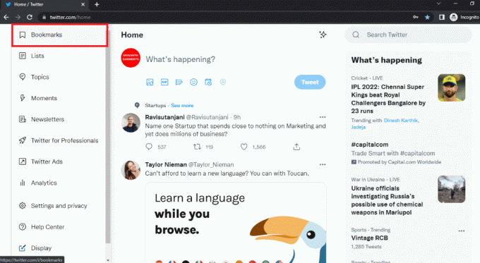 Välj alternativet Bokmärken i Twitter Desktop-vy