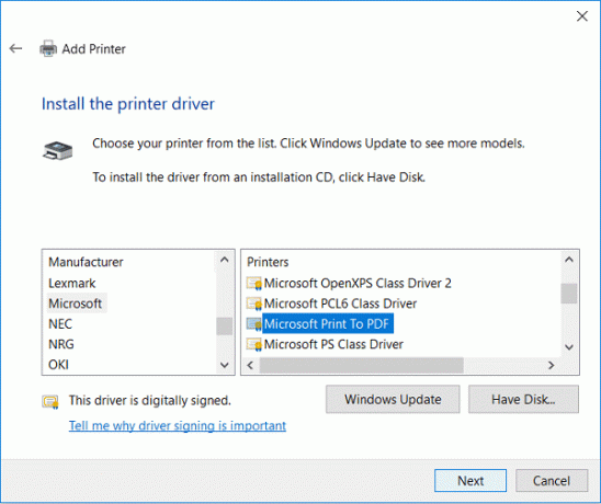 Från Tillverkare väljer du Microsoft och sedan från Skrivare väljer du Microsoft Print to PDF