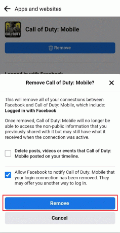 bakstelėkite Pašalinti iš patvirtinimo iššokančiojo lango | Kaip atsieti „Facebook“ nuo „Call of Duty Mobile“.