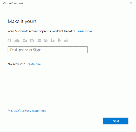 Įveskite savo „Microsoft“ paskyros el. pašto adresą ir spustelėkite Pirmyn