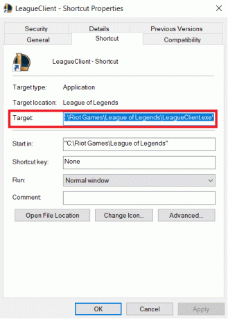 En el campo Destino de las propiedades, cambie el código de idioma al final por el código de idioma deseado agregando este código | Cómo cambiar el idioma en LoL