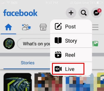 Stuknij opcję Na żywo, obecną u góry strony głównej na Facebooku. zrezygnować z powiadomień wideo na żywo