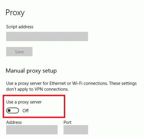 dezactivați setările Utilizați un server proxy din Configurare manuală proxy
