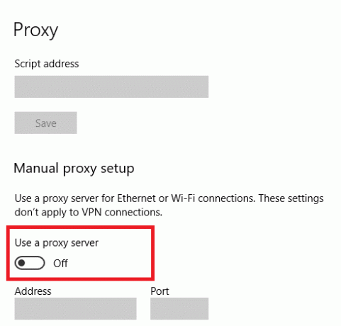 vypněte nastavení Použít proxy server v části Ruční nastavení proxy