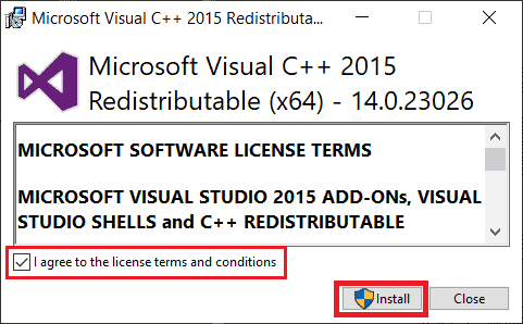 프롬프트에 따라 최신 버전의 Microsoft Visual C plus plus Runtime을 설치하십시오.