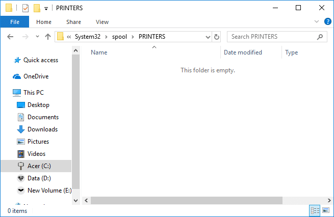 Navigați la folderul PRINTERS din folderul Windows System 32