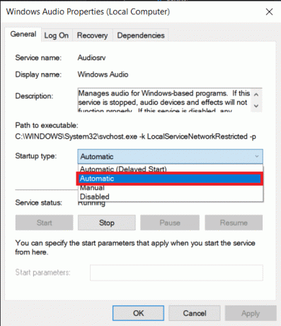 På fliken Allmänt klickar du på rullgardinsmenyn Starttyp och väljer Automatisk. Så här fixar du att ljudtjänsten inte körs Windows 10