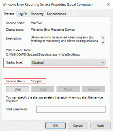 Se till att starttypen för Windows Felrapporteringstjänst är inaktiverad och klicka på stopp