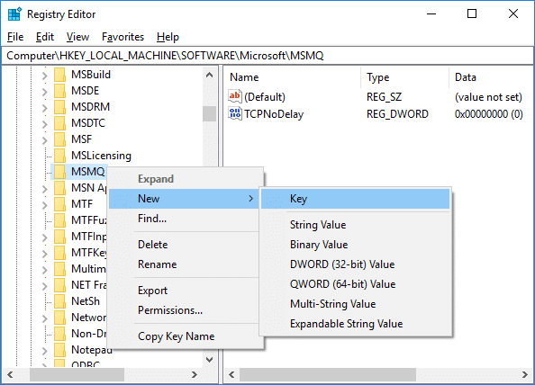 Se você não conseguir encontrar a pasta Parâmetros, clique com o botão direito do mouse em MSMQ e selecione Nova Chave