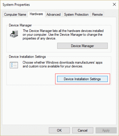 Перейдите на вкладку «Оборудование» и щелкните «Параметры установки устройства» | Остановить автоматическую загрузку драйверов в Windows 10
