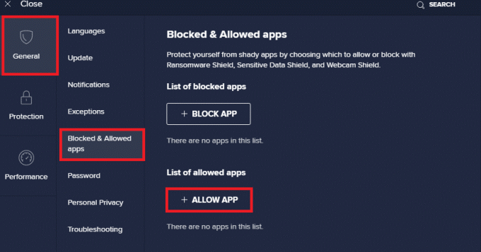 vælg derefter Generelt, blokerede og tilladte apps, og klik på tillad app-knappen i Avast Free Antivirus-indstillingerne