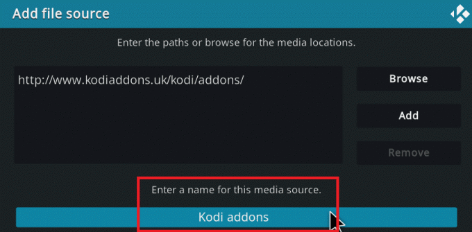 Nu, på skärmen Lägg till filkälla, ersätt tillägg till Kodi-tillägg under fältet Ange ett namn för denna mediekäll