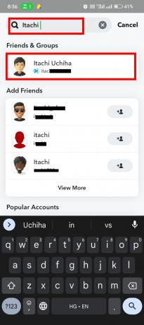 V iskalno vrstico vnesite ime osebe | Kako skriti pogovore na Snapchatu