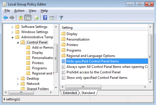 Seleccione Panel de control y luego, en la ventana derecha, haga doble clic en Ocultar elementos especificados del panel de control
